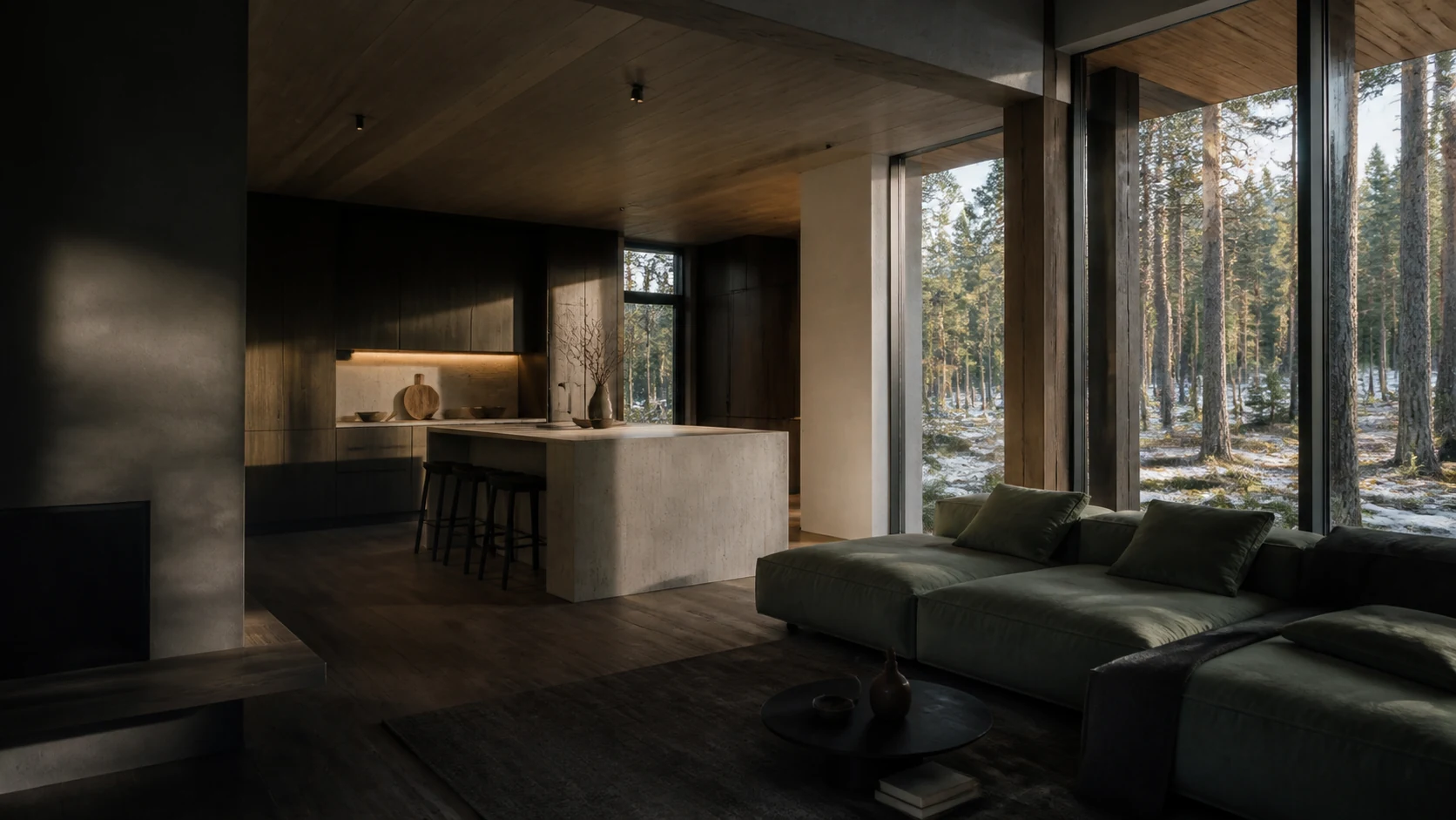 Atelier Mājas sākumlapa ar mierpilnu koka mājas interjeru priežu mežā