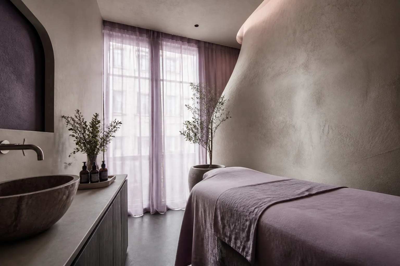 Miera SPA procedūru telpa ar ceriņkrāsas linu un skulpturālām sienām